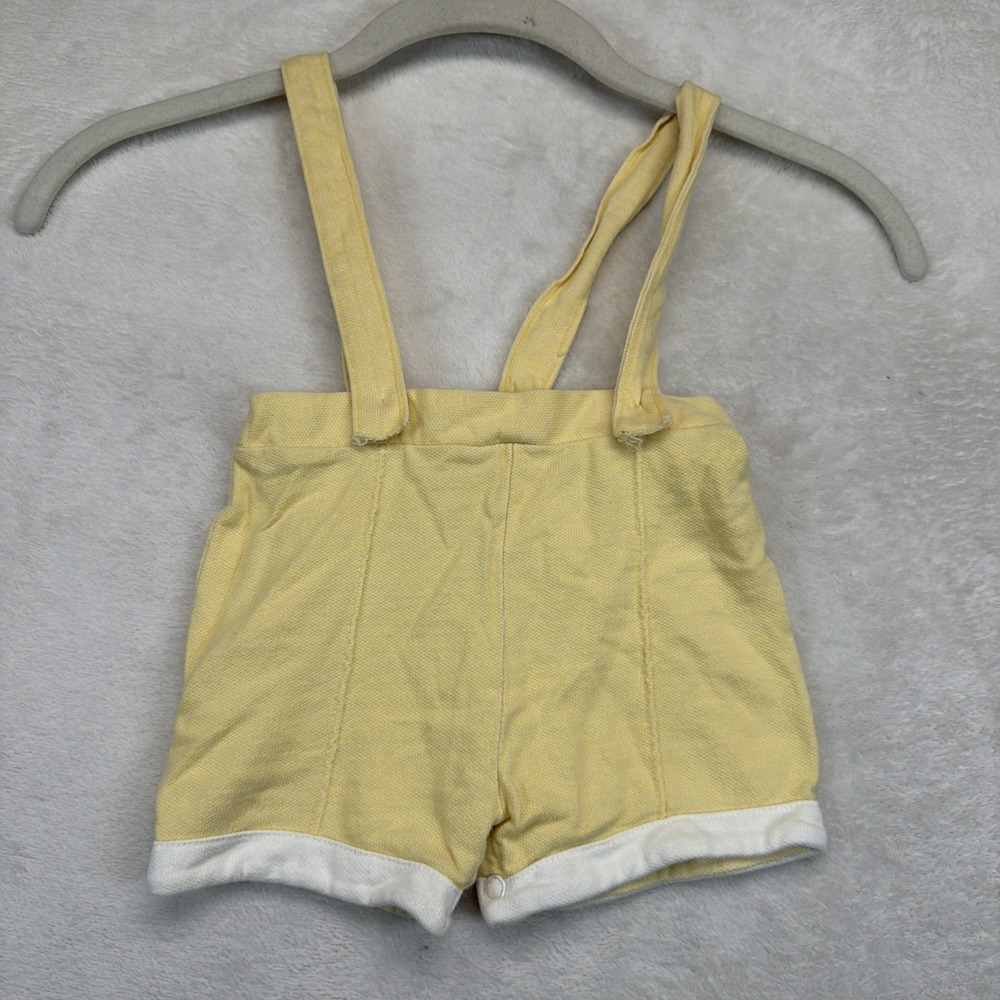 Vintage Baby Yellow Suspender Shortalls Romper White Cuff Snap Crotch Unisex